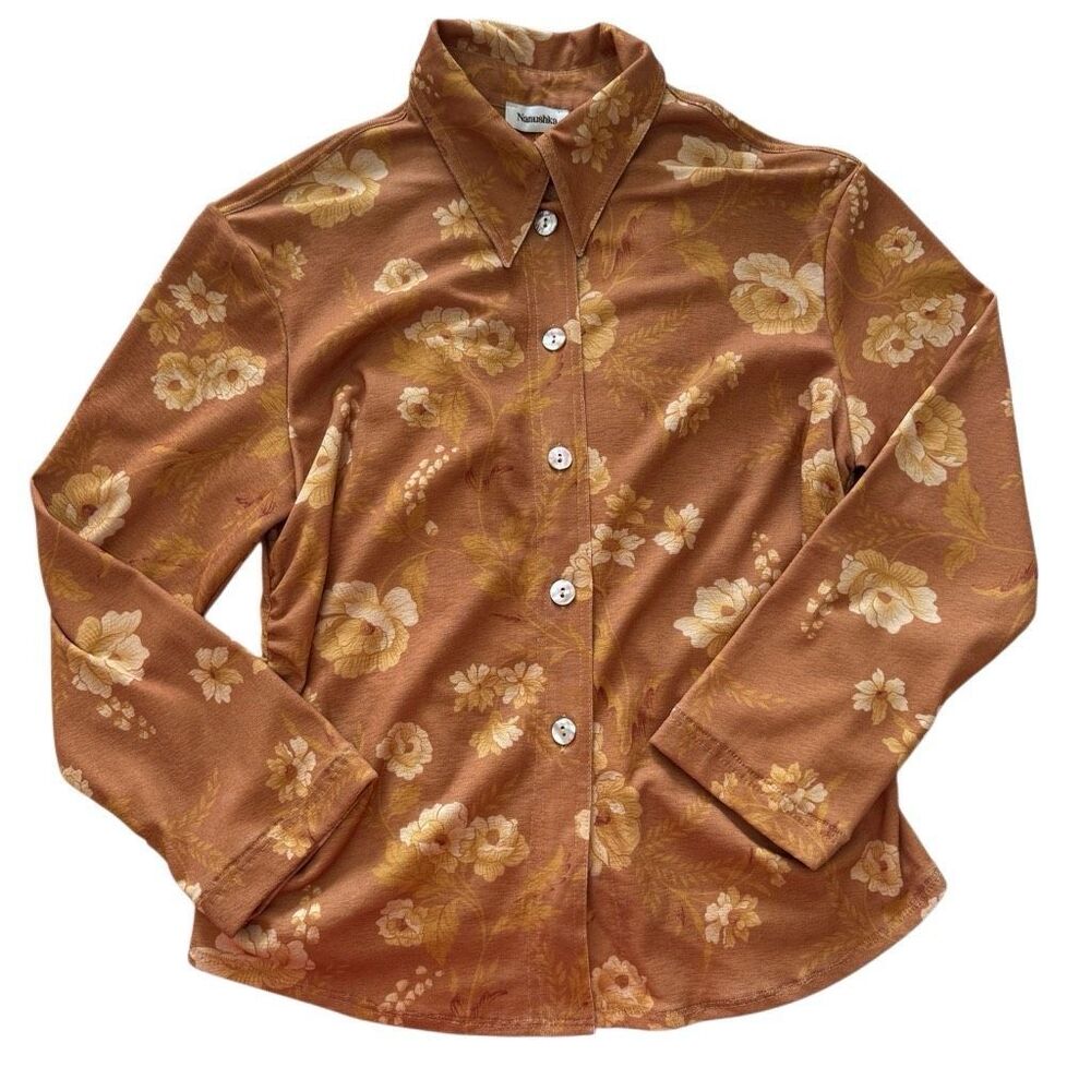 Nanushka Floral Button-Up Blouse in Mustard and Cream - Picture 4 of 8